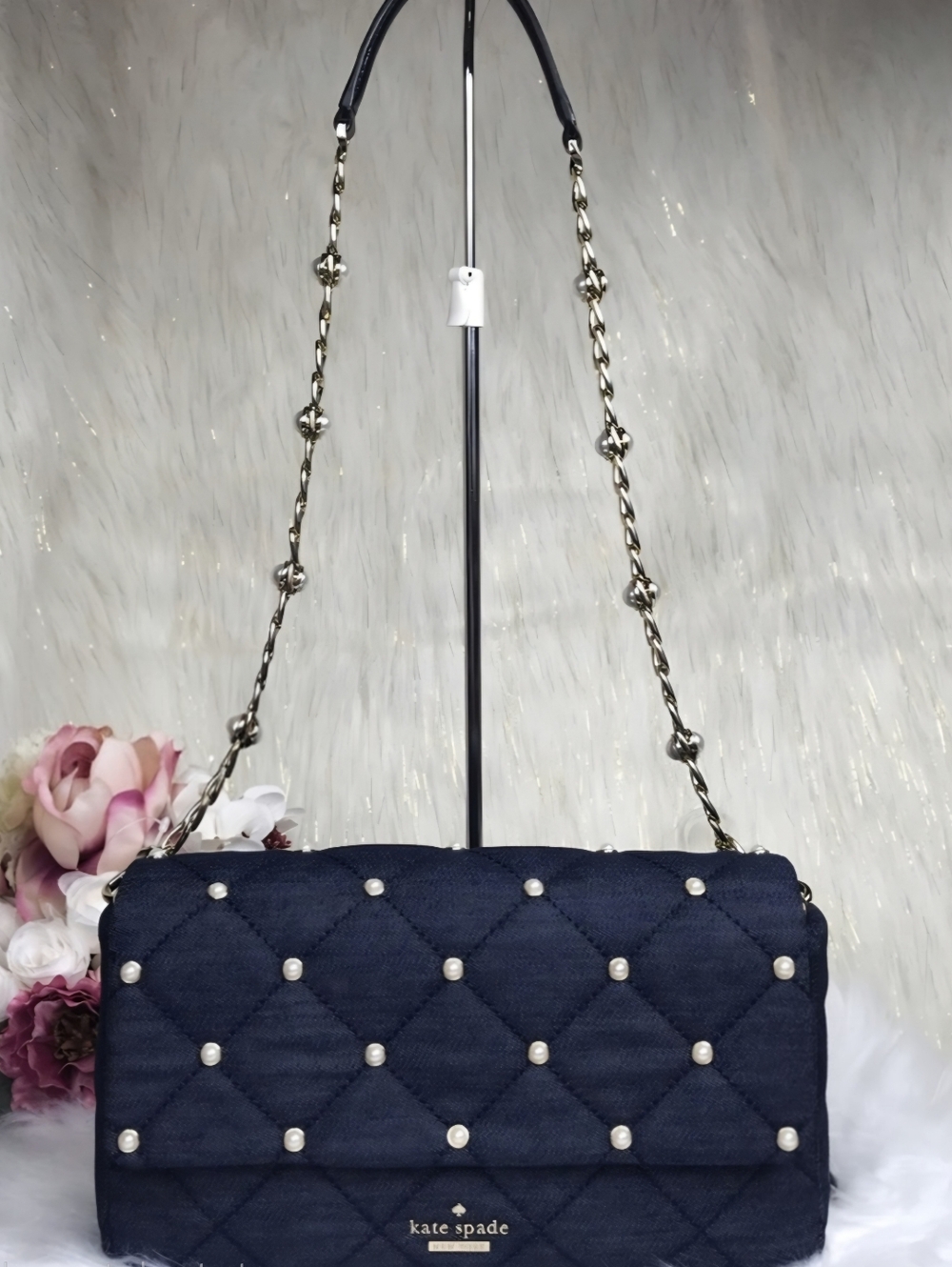 Kate Spade Emerson Place Serena Denim Pearl Quilt Shoulder Bag